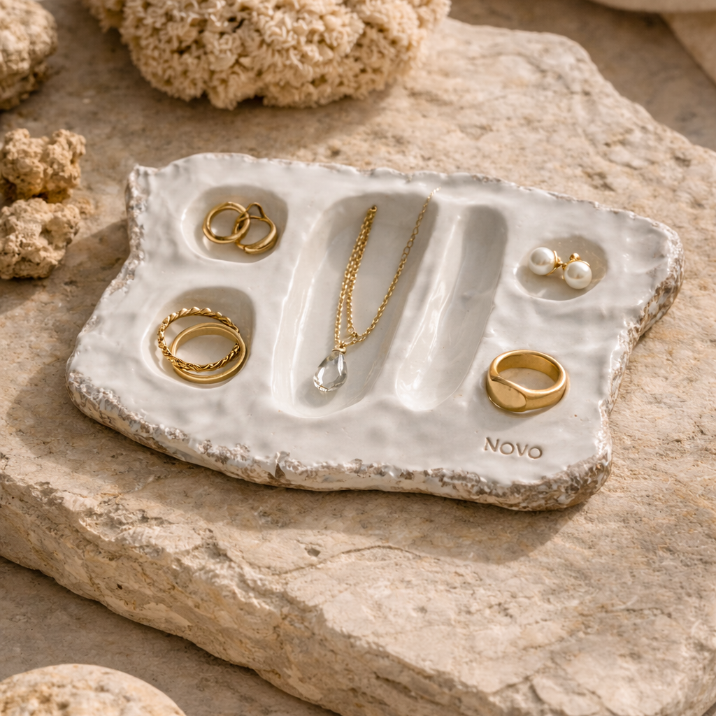 Jewelry dish with gold rings and a necklace on a stone surface with coral.